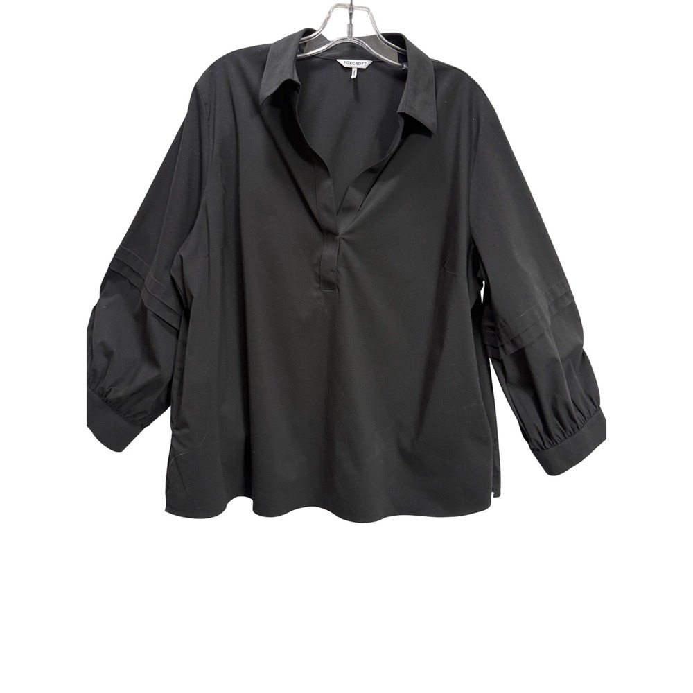 Foxcroft Frankie Blouse Women L Black EUC Tiered Sleeve Popover Top w pockets
